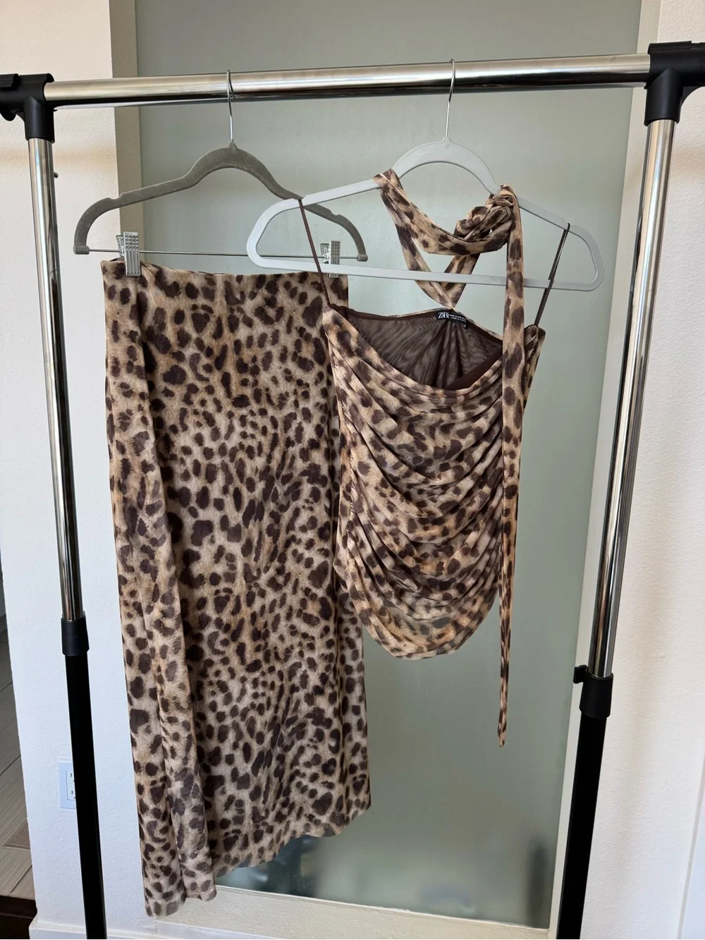Zara Leopard Print Tulle Mesh 2 Piece Matching Set Maxi Skirt Top M - Picture 9 of 10